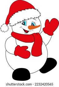 Cheerful snowman in a red Santa hat, scarf and mittens. Christmas and New Year.