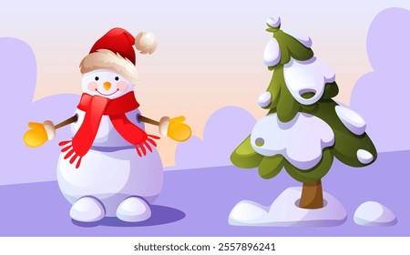 A cheerful snowman in a red Santa hat, red scarf and yellow mittens stands next to a Christmas tree in the snow. Snowman against the background of a snowy landscape. Winter fun, games.