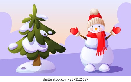 A cheerful snowman in a red Santa hat with a pompom, a red scarf and red mittens stands next to a Christmas tree in the snow. Snowman against the background of a snowy landscape. Winter fun, games.