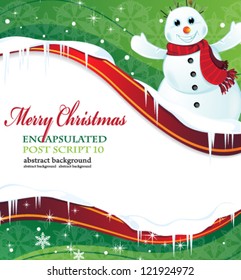 Cheerful snowman with a red scarf on a green background with place for text