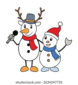 Cheerful snowman and reindeer characters sing joyfully while holding a speaker, spreading festive tunes and holiday cheer in a lively winter scene.
