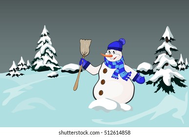 cheerful snowman rejoicing in winter in the woods