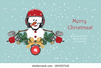 Cheerful snowman rides a motorcycle. Background for covers, banners, flyers, splash screens. Merry Christmas.