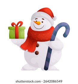 Cheerful snowman in Santa hat and scarf holding a gift and candy cane, perfect for festive holiday cards or social media posts. Happy Holidays and Christmas concept.