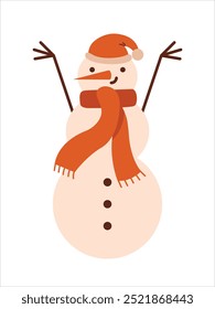 Cheerful snowman in santa's hat and scarf. Cute naive illustration for greeting card to Merry Christmas, Happy New Year. Winter scene. Cartoon clip art for sticker, badge, banner. Flat Design.