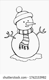 Cheerful snowman in a scarf and hat. Winter fun. Christmas holidays