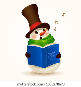 Cheerful Snowman singing Christmas carol. Isolated.