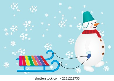 Un muñeco de nieve alegre con un trineo. gráficos vectoriales