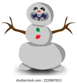 Cheerful snowman smiles with colorful buttons and bright teeth. Vector illustration. hands made of wood