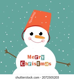Cheerful snowman in the snow. Christmas card with a place under the text. Design for a postcard, banner or as a design template. Flat illustration.