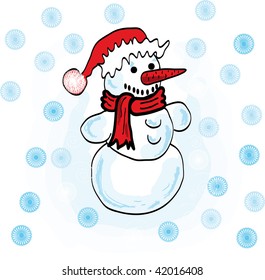 Cheerful snowman in snow flakes.