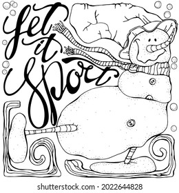Cheerful snowman and snowflakes. Winter lettering, snow. Merry Christmas, Happy New Year. Pattern for adult coloring book. Black and white.