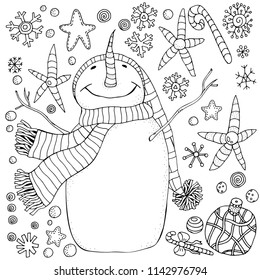 Cheerful snowman and snowflakes. Winter, snow, sled, carrot. Merry Christmas, Happy New Year. Pattern for adult coloring book. Black and white.