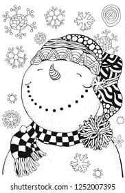 Cheerful snowman and snowflakes. Winter, snow, sled, carrot, buttons. Merry Christmas, Happy New Year. Pattern for adult coloring book. A4 size. Black and white.