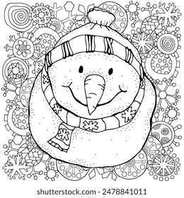 Cheerful snowman and snowflakes. Winter, snow, sled, carrot, buttons. Merry Christmas, Happy New Year. Pattern for adult coloring book. Black and white.