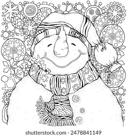 Cheerful snowman and snowflakes. Winter, snow, sled, carrot, buttons. Merry Christmas, Happy New Year. Pattern for adult coloring book. Black and white.