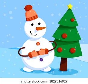 cheerful snowman stands in front of elegant New Year tree. Winter landscape and snowman. Meeting of Christmas and New Year. Winter fun. Cartoon vector