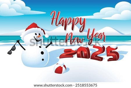 Cheerful snowman with sunglasses and a Santa hat, standing next to large red 