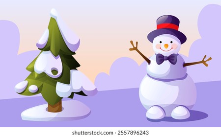 A cheerful snowman in a top hat and with a bow stands next to a Christmas tree in the snow. Snowman against the background of a snowy landscape. Winter fun, games.