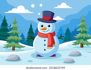 A cheerful snowman with a top hat and red scarf standing in a snowy winter landscape. Perfect for holiday cards, winter-themed designs, and children's illustrations.