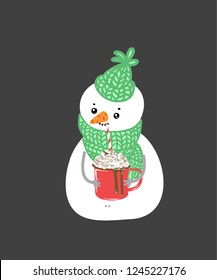 Cheerful Snowman. Vector illustration of snowman on white background. Isolated.