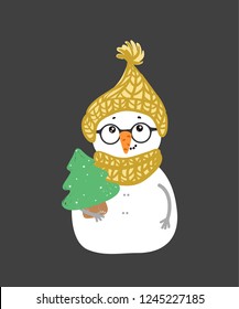 Cheerful Snowman. Vector illustration of snowman on white background. Isolated.