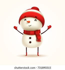 Cheerful Snowman. Vector illustration of snowman on white background. Isolated.