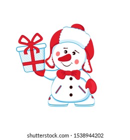 Cheerful snowman in a warm hat with a gift. Separate on a white background.