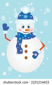 Cheerful snowman waving. vector graphics