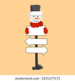 Um boneco de neve alegre usando um chapéu preto e um cachecol vermelho fica ao lado de um sinal direcional. O sinal tem três setas em branco, prontas para mensagens. O fundo é uma laranja macia.
