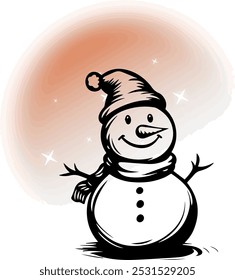 A Cheerful Snowman Wearing a Hat and Scarf, Smiling in Front of a Soft, Colorful Background With Stars. Perfect for Festive Holiday Designs, Winter Artwork, and Christmas-Themed Illustrations.