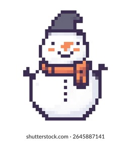 Cheerful snowman wearing a hat and scarf, designed in pixel art style for winter themes and holiday decorations