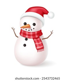 Cheerful snowman wearing Santa hat and scarf realistic vector illustration. Festive charm of Christmas celebrations 3d character on white