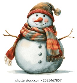 A cheerful snowman wearing a scarf cartoon style watercolor