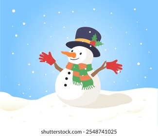 Cheerful snowman wears hat, scart and gloves on ground with falling snow. Concept of winter season, Christmas festival, outdoor activity, december celebration, festive character. Flat vector cartoon.