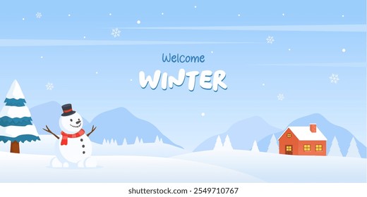 A cheerful snowman welcomes winter in a snowy landscape. A cozy house with a chimney and falling snowflakes adds warmth to the scene. Perfect for winter-themed designs and holiday cards