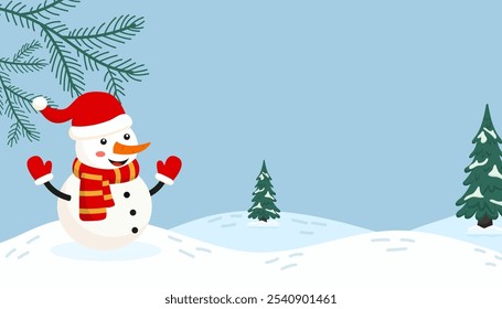 Boneco de neve alegre em uma paisagem de inverno vestindo um chapéu de Papai Noel e cachecol cercado por árvores perenes
