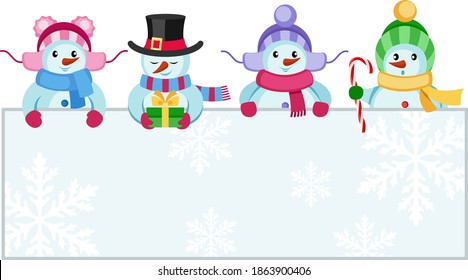 Cheerful snowmen in colorful hats with festive blank poster, greeting card. Place for your text. Merry Christmas and Happy New Year. Holiday Sale, invitations and congratulations. Isolated. Vector