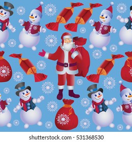 Cheerful snowmen and Santa with gifts.Besovy pattern on a light blue background. Design for fabric, tapestry, packaging for gifts.