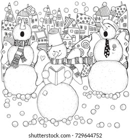 Cheerful snowmen sing songs . Winter, snow, chorus.  Merry Christmas, Happy New Year. Pattern for adult coloring book. Black and white.