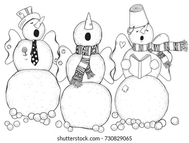 Cheerful snowmen sing songs . Winter, snow, chorus.  Merry Christmas, Happy New Year. Pattern for adult coloring book. Black and white.