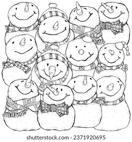 Cheerful Snowmen. Winter, snow,  hats, carrot. Children. Merry Christmas, Happy New Year. Adult Coloring Book. Black and white. 