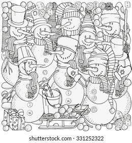 Cheerful snowmen. Winter, snow, sled, snow, trees, hats, carrot, buttons, threads. Merry Christmas, Happy New Year. Pattern for coloring book. Black and white.  Made by trace from sketch. 