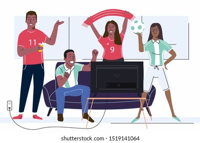 Cheerful Soccer Game Fans Friends Adult People Watching Football TV On Couch Composition With Flags And Sport Uniform Vector Illustration.