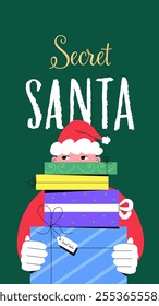 Cheerful social media banner design for 'Secret Santa' tradition. A playful Santa figure peeking over a vibrant stack of gift boxes wrapped in colorful ribbons. Vector illustration