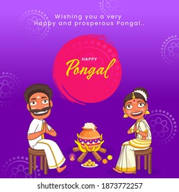 Cheerful South Indian Couple Doing Namaste With Rice Cooking Mud Pot At Bonfire On Purple Background For Pongal Celebration.