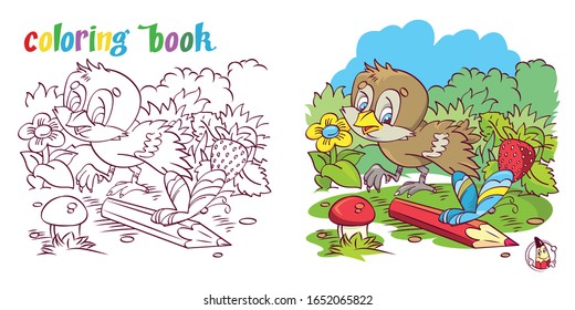 Cheerful sparrow with a pencil on the background of a flower, strawberries, pencil and butterflies. Colorful vector illustration coloring page outline of cartoon coloring book for children.