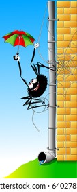 Cheerful spider in a green suit and hat rises on the wall