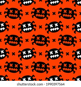Cheerful spiders on an orange background. Halloween seamless pattern for t-shirts or packaging 