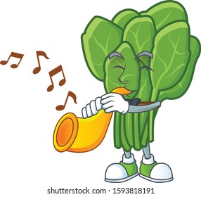 Cheerful spinach cartoon character performance with trumpet